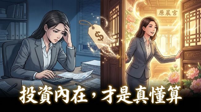 現代女性推開元辰宮心宅大門，象徵將現實的觀元辰費用轉化為內在豐盛的投資，漫畫風格插圖