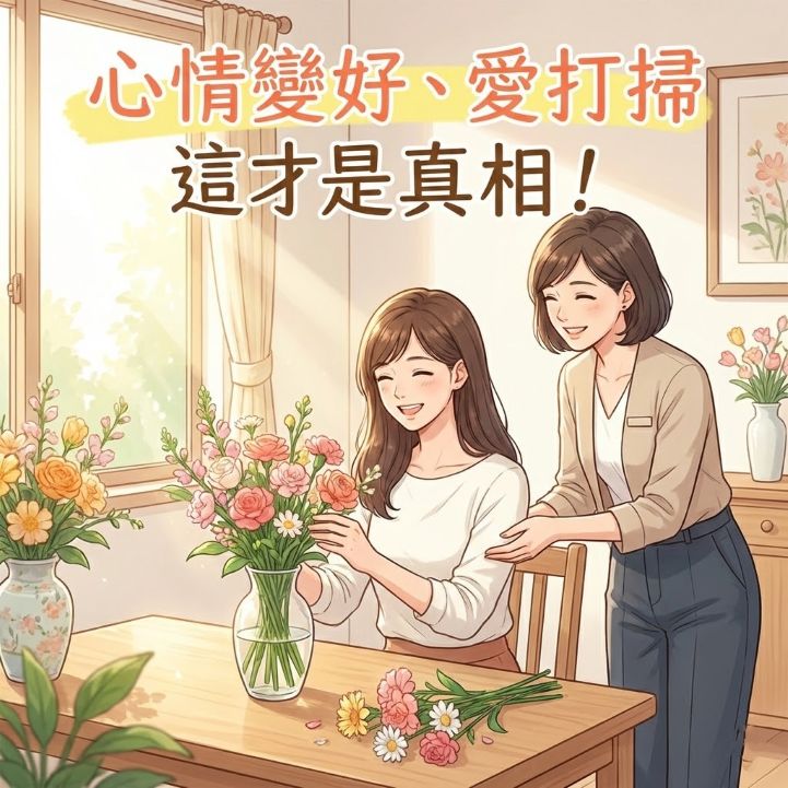 現代女性在專業導師陪伴下，於明亮溫馨的元辰宮內開心整理花卉，象徵心情變好與愛打掃的正面改變。