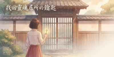 一位女性站在霧氣繚繞的元辰宮門前，手持金色鑰匙，色調溫潤呈現琥珀色。