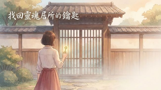 一位女性站在霧氣繚繞的元辰宮門前，手持金色鑰匙，色調溫潤呈現琥珀色。