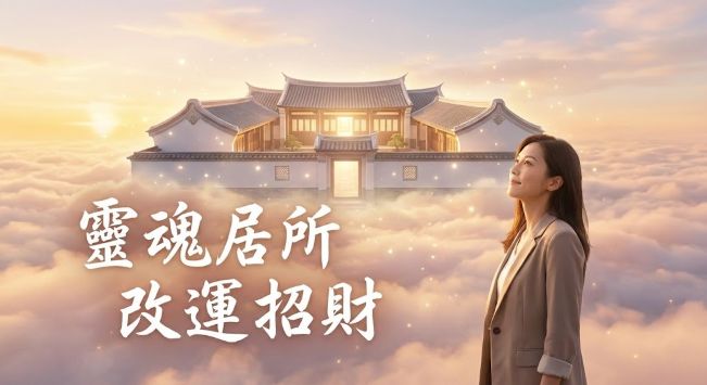 觀元辰宮靈魂居所意象圖，懸浮於雲端的傳統中式庭院，象徵個人命數與心靈風水