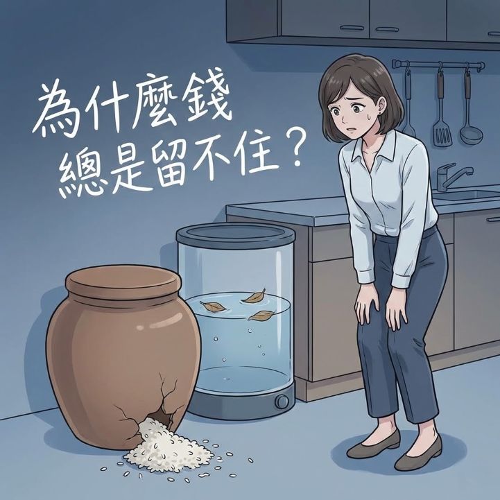 元辰宮廚房米缸破裂漏米，象徵現實生活中的漏財與存款流失
