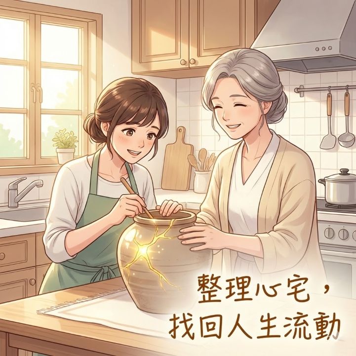 專業導師協助個案在元辰宮廚房修補米缸，象徵透過深度調整找回人生財富與能量的流動。