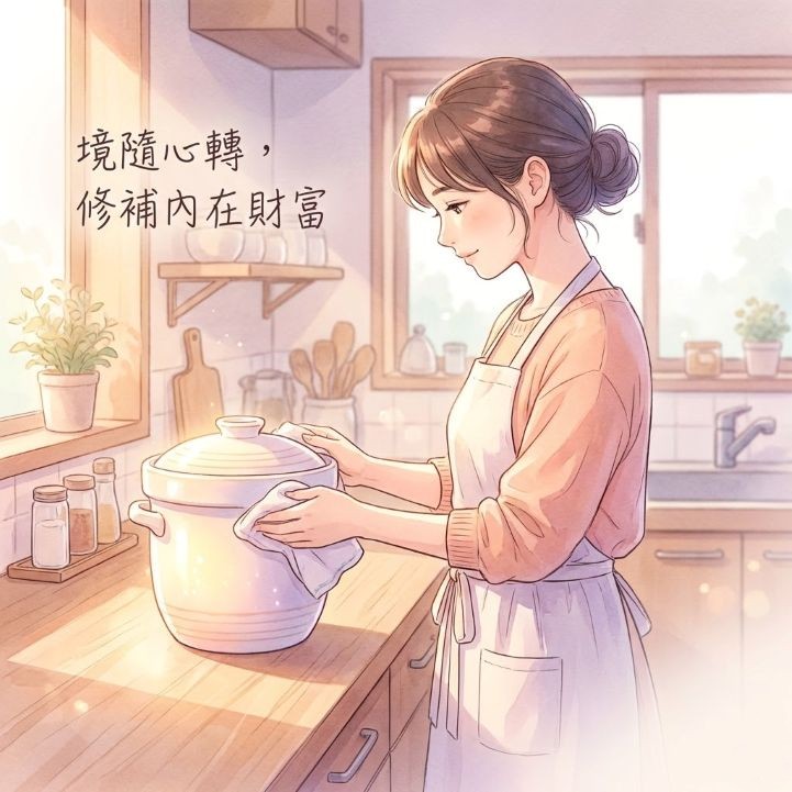 在溫暖日系廚房中，一位女性正在修補和擦拭代表財富的發光米缸。