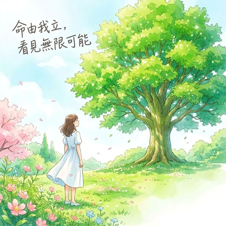 一位女性在明亮鮮豔的元辰宮花園中仰望茂盛的生命樹，陽光燦爛。
