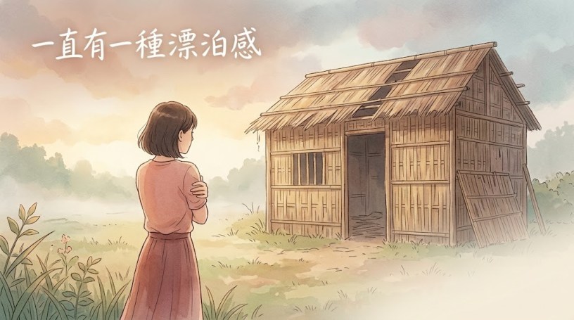 一位現代女性在微霧中看著四面透風的竹編屋，雙手環抱自己，象徵元辰宮房子代表狀態反映出的內心漂泊感。