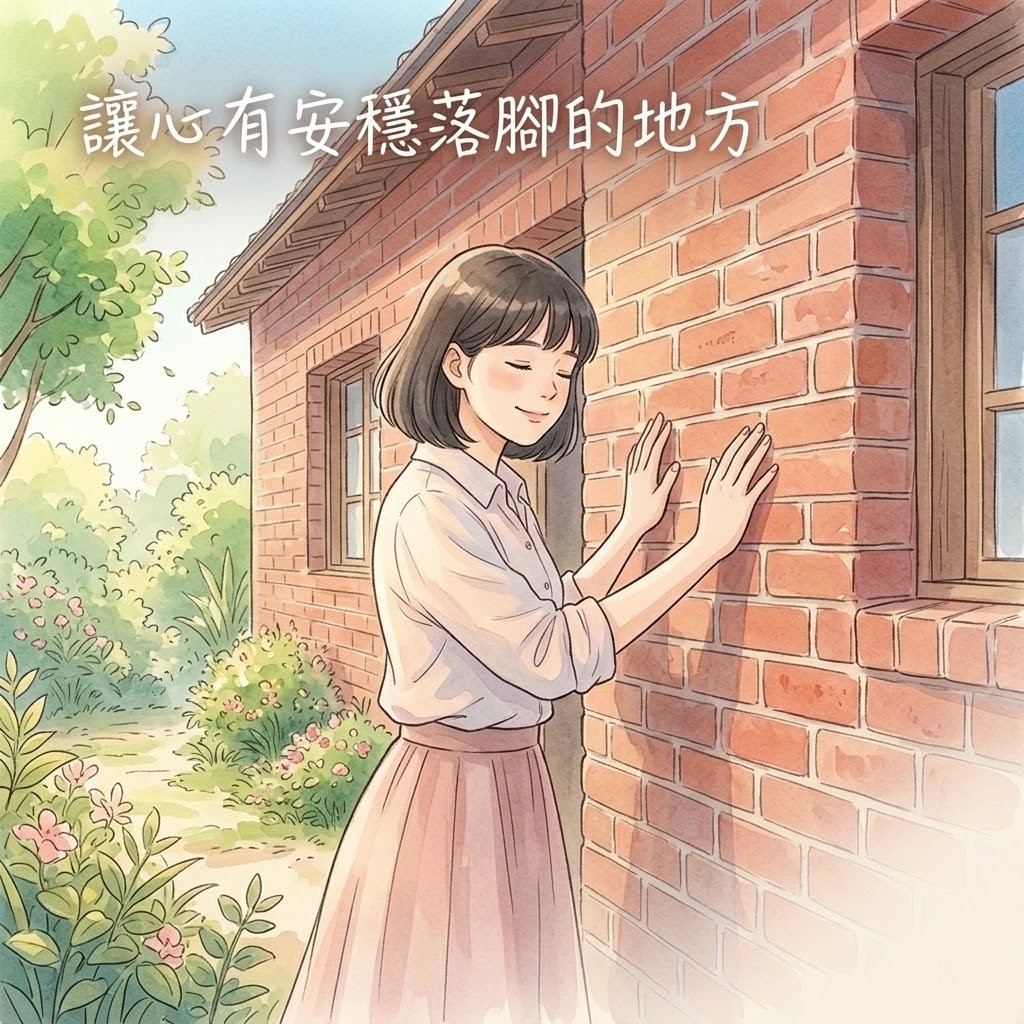 現代台灣女性在陽光普照的庭院中，微笑著雙手觸摸堅固的元辰宮紅磚屋牆面，象徵內心找回安穩與踏實感。元辰宮房子代表。