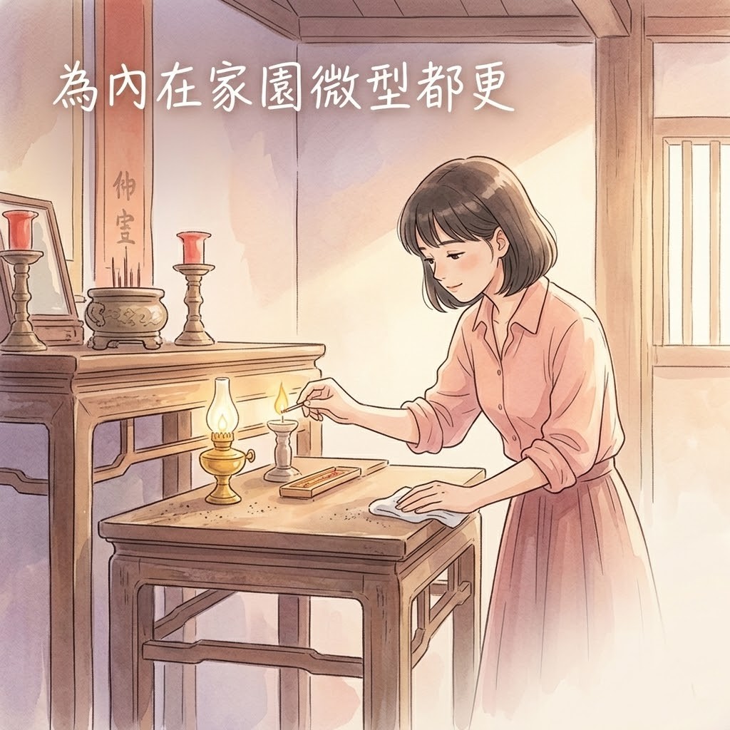 現代台灣女性在元辰宮大廳內挽起袖子擦拭木製神桌，並專注地用火柴點亮光明燈。這象徵著通過意念清理客廳、點亮心靈之光來找回清晰思路。元辰宮房子代表