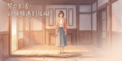 疲憊的現代女性在微塵的元辰宮大廳中看著斷裂的實木門檻，象徵元辰宮調整前生活頻頻受阻的狀態。