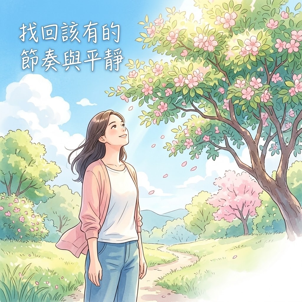 女性在充滿陽光元辰宮中的花園中放鬆仰望茂盛的本命樹，展現元辰宮調整後重獲平靜與生機的篤定感。