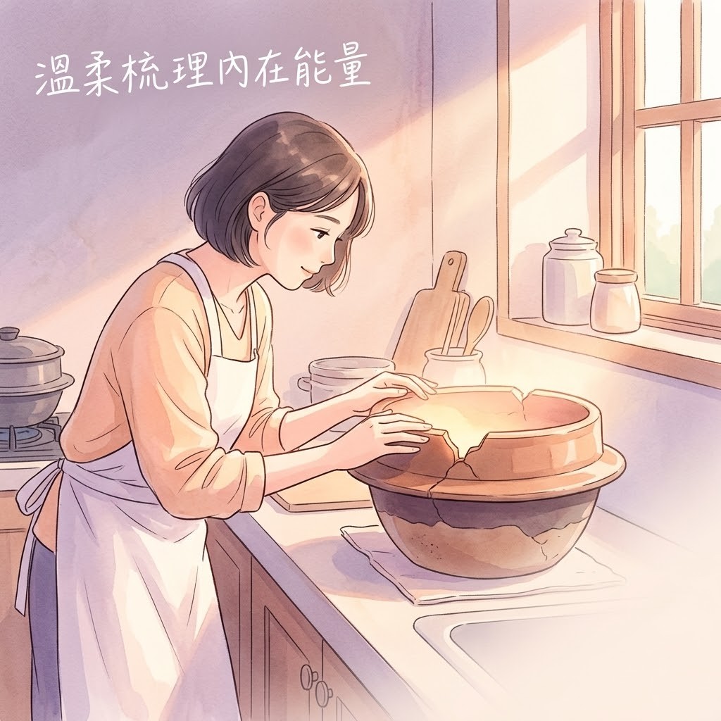 女性在晨光透入的廚房中溫柔撫摸受損元辰宮的米缸，象徵透過元辰宮調整來修補財庫與梳理能量。