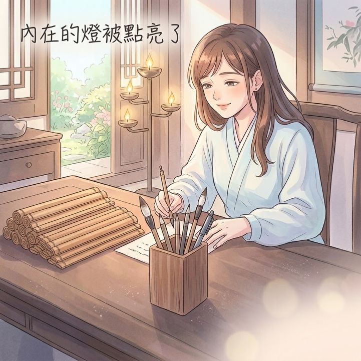 一名古風女子（觀元辰宮個案心靈投影）坐在明亮且整潔的古風書房中，微笑持毛筆在書桌上書寫。桌上整潔，筆筒中插滿優雅的毛筆（文昌筆）。元辰宮書房的窗外有花園。畫面使用清新明亮的櫻花粉與天空藍色調，文字「內在的燈被點亮了」位於左上角。象徵觀元辰宮梳理潛意識後的思緒清晰與方向感。