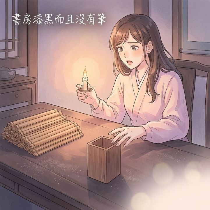 一名古風女子（觀元辰宮個案心靈投影）手持微弱蠟燭，定向光從蠟燭照亮積塵的古風書桌和空筆筒。眼神驚訝，手觸摸空筆筒。畫面使用蜜桃與薰衣草色調，文字「書房漆黑而且沒有筆」位於左上角。象徵觀元辰宮能察覺潛意識的思緒混亂與盲點。