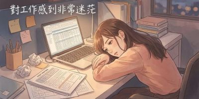 一名29歲現代台灣女性活動企劃疲憊地伏在桌上，四週是雜亂的企劃書，眼神空洞，看著螢幕。畫面使用微沉靜的琥珀調，文字「對工作感到非常迷茫」位於左上角。象徵探索觀元辰宮前的現實窒息感。