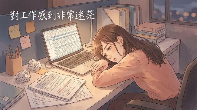 一名29歲現代台灣女性活動企劃疲憊地伏在桌上，四週是雜亂的企劃書，眼神空洞，看著螢幕。畫面使用微沉靜的琥珀調，文字「對工作感到非常迷茫」位於左上角。象徵探索觀元辰宮前的現實窒息感。