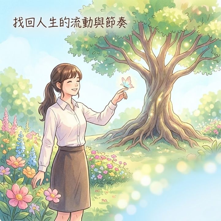 一名女子笑容燦爛，站在充滿豐盛花朵與茂盛「生命樹」的元辰宮花園中，一隻 glowing 的蝴蝶 landed on her finger。畫面使用清新明亮的天空藍與粉粉粉色調，文字「找回人生的流動與節奏」位於左上角。象徵身心健康與貴人運提升。