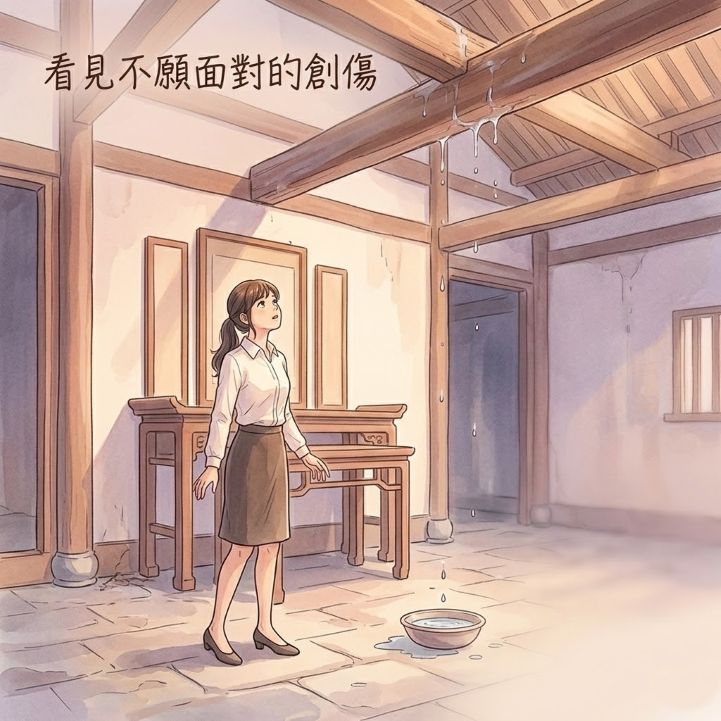 一名女子站在傳統的中式大廳（元辰宮大廳）中，抬頭看著漏水的天花板與收集水滴的碗，背景有無光的神桌。畫面使用微光滲透的蜜桃色調，文字「看見不願面對的創傷」位於左上角。象徵在潛意識空間中察覺問題。