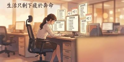 元辰宮是什麼：一名現代年輕台灣女性坐在辦公桌前，被多個 glowing 螢幕（待辦清單）包圍，神情疲憊，肩膀緊繃。畫面使用微沉靜的琥珀色調，文字「生活只剩下疲於奔命」位於左上角。象徵探訪元辰宮前的現實壓力狀態。