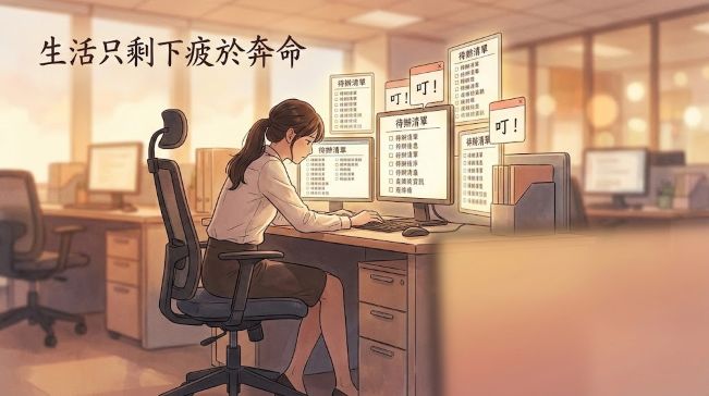 元辰宮是什麼：一名現代年輕台灣女性坐在辦公桌前，被多個 glowing 螢幕（待辦清單）包圍，神情疲憊，肩膀緊繃。畫面使用微沉靜的琥珀色調，文字「生活只剩下疲於奔命」位於左上角。象徵探訪元辰宮前的現實壓力狀態。